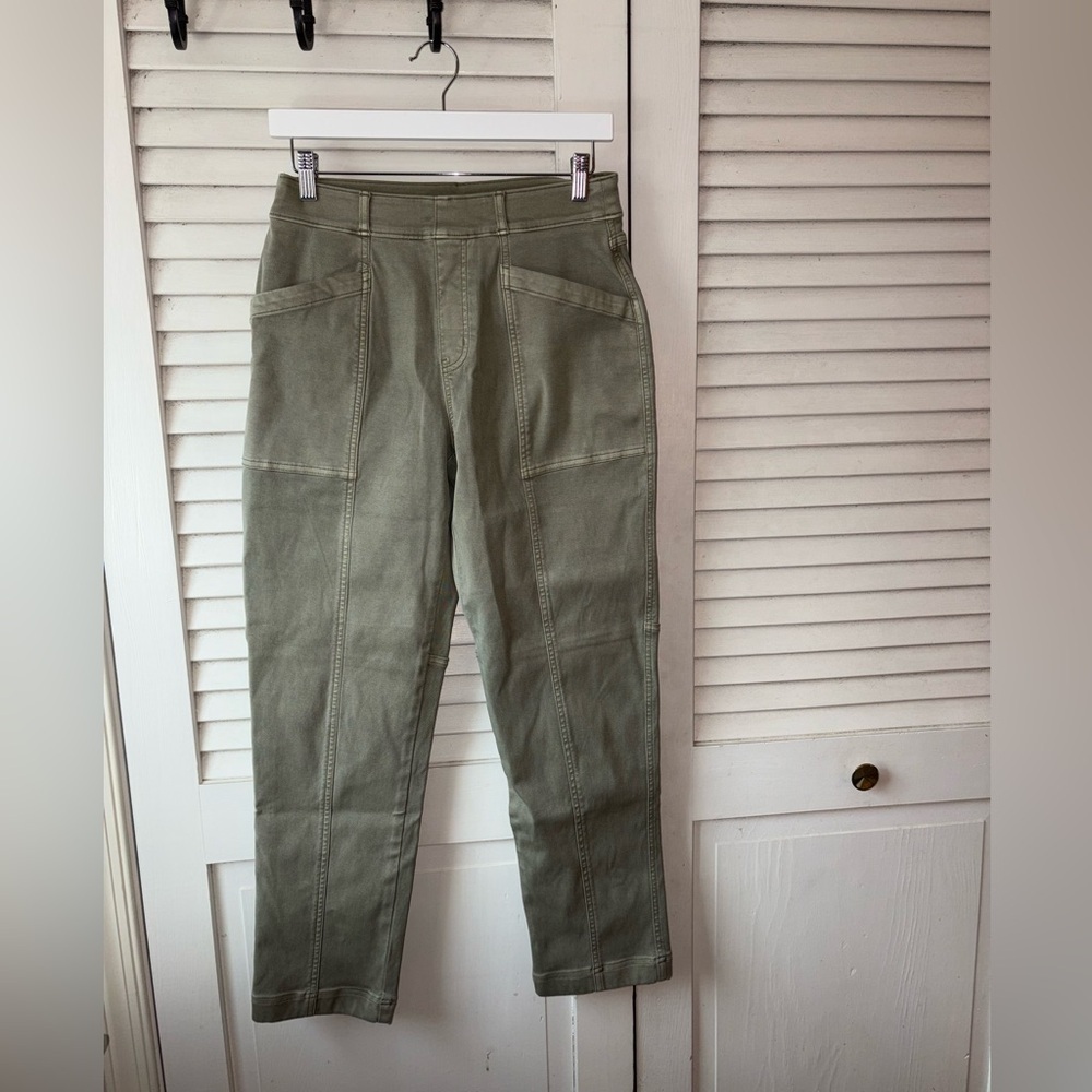 SPANX Stretch Twill Pants Olive Green High Rise Pull On Patch Pocket Medium - Picture 2 of 6